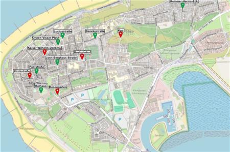 Die zukünftigen Standorte für die neu geplanten Außenaschenbecher. Grafik: Stadt Norderney