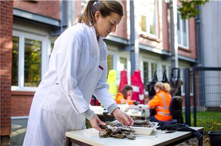 Forschung unter Corona-Bedingungen – das bedeutet auch schon mal, Teile der Arbeiten zeitweise nach draußen zu verlegen. Dr. Karin Richter freut sich über mildes Wetter. Fotos: NLWKN